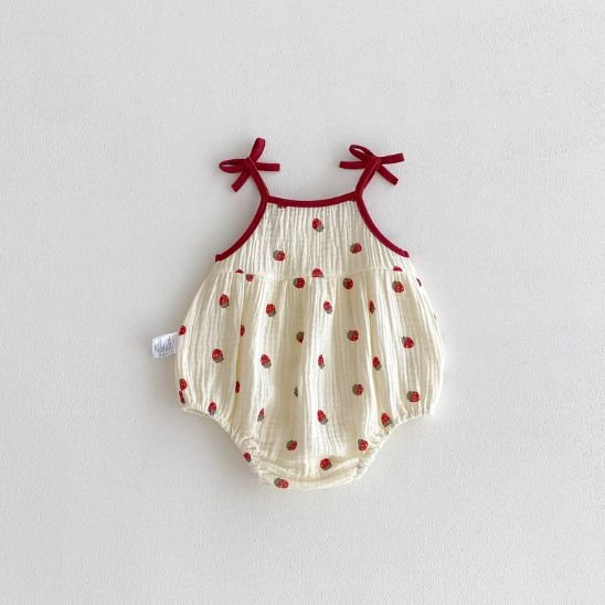 Barboteuse bloomer bébé fille gaze coton fraise vue complète fond blanc