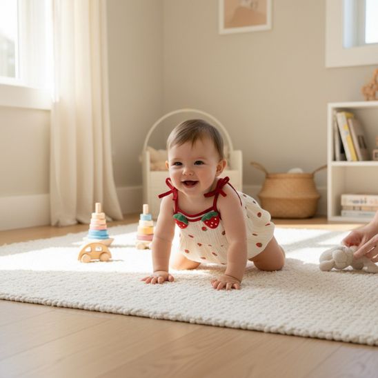 Barboteuse bloomer bébé fille gaze coton fraise bébé qui rampe dans salon lumineux