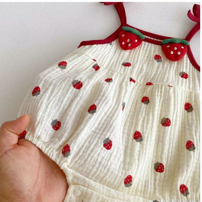 Barboteuse bloomer bébé fille gaze coton fraise détail appliqués fraises 3D