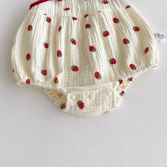 Barboteuse bloomer bébé fille gaze coton fraise détail pressions entrejambe