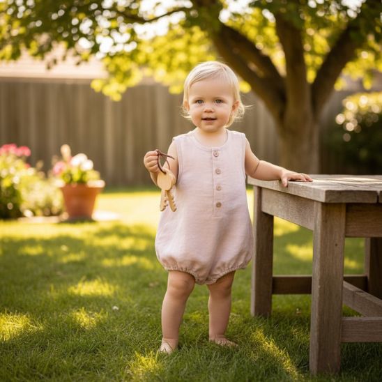 Barboteuse en lin bébé fille 0-24 mois rose bébé dans jardin avec jouet en bois