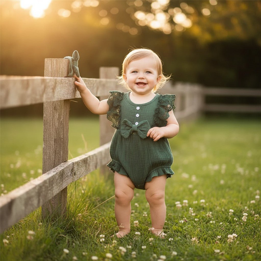 Barboteuse fille combinaison estivale vert dentelle noeud bébé debout prairie clôture bois