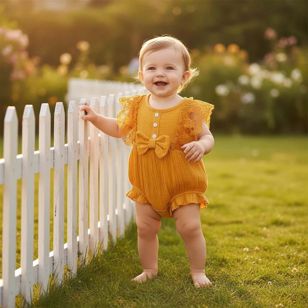 Barboteuse fille combinaison estivale jaune moutarde dentelle noeud bébé debout jardin clôture blanche