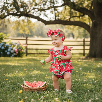 Détail de la barboteuse bébé fille motif pastèque – tissu doux et respirant