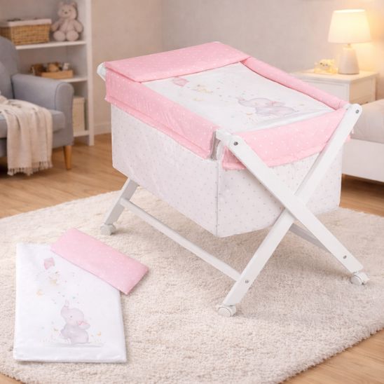 Berceau bébé complet en hêtre blanc avec literie rose douce pour nouveau-né