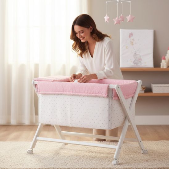 Berceau bébé complet en hêtre blanc avec matelas et literie motif éléphant