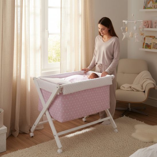 Vue latérale du berceau bebe en hêtre blanc avec design en X