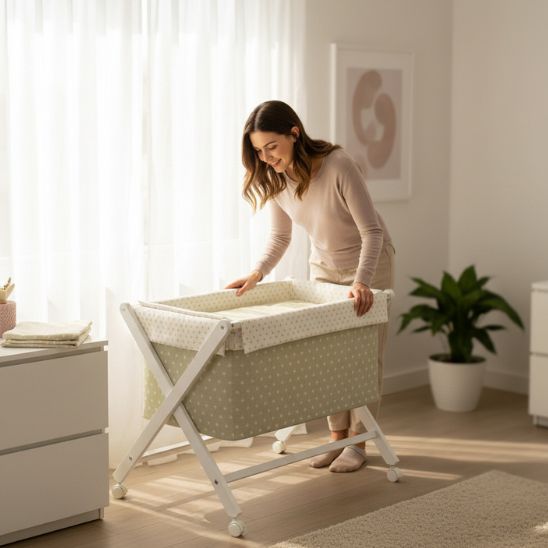 Berceau bebe en hêtre avec literie étoile dans une chambre bébé lumineuse