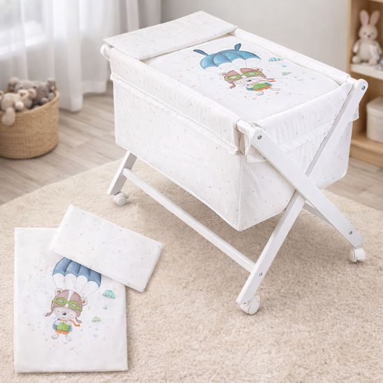 Berceau bébé en hêtre avec matelas et motif parachute doux