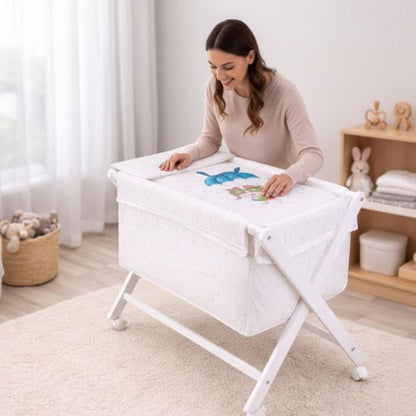 Berceau bébé en hêtre avec matelas et literie motif parachute