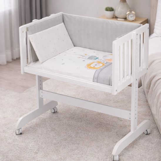 Berceau en bois pour bébé literie incluse avec structure blanche et roulettes