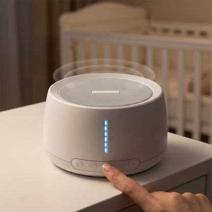 Doigt qui allume la boîte à bruit blanc bébé près du lit de bébé