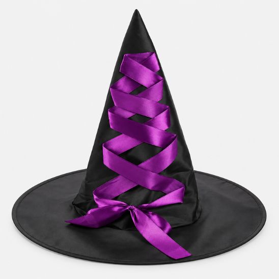 Chapeau de sorcière noir pointu orné d'un ruban de satin violet croisé et d'un nœud