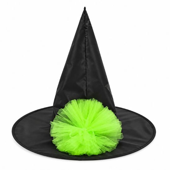 Chapeau de sorcière noir pointu orné d'un gros pompon en tulle vert fluo