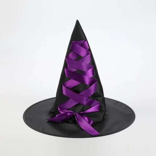 Chapeau de sorcière noir avec ruban violet lacé et nœud, taille unique adulte et enfant