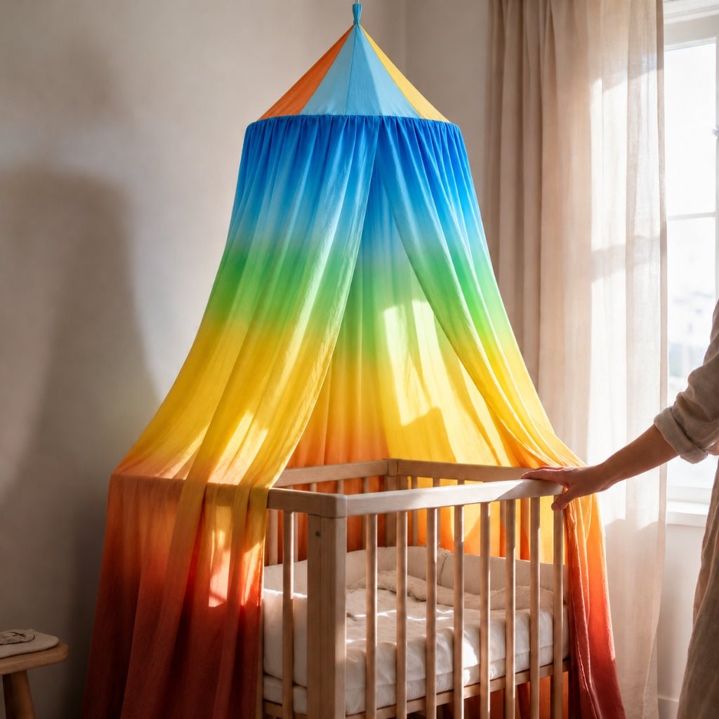 Ciel de lit bébé en dégradé Couchant bleu, jaune et orange au-dessus d'un berceau
