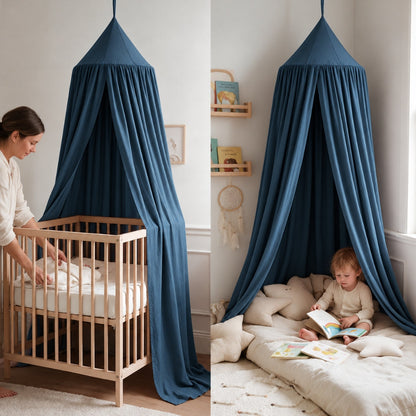 Ciel de lit pour bébé bleu au-dessus d'un berceau puis en coin lecture