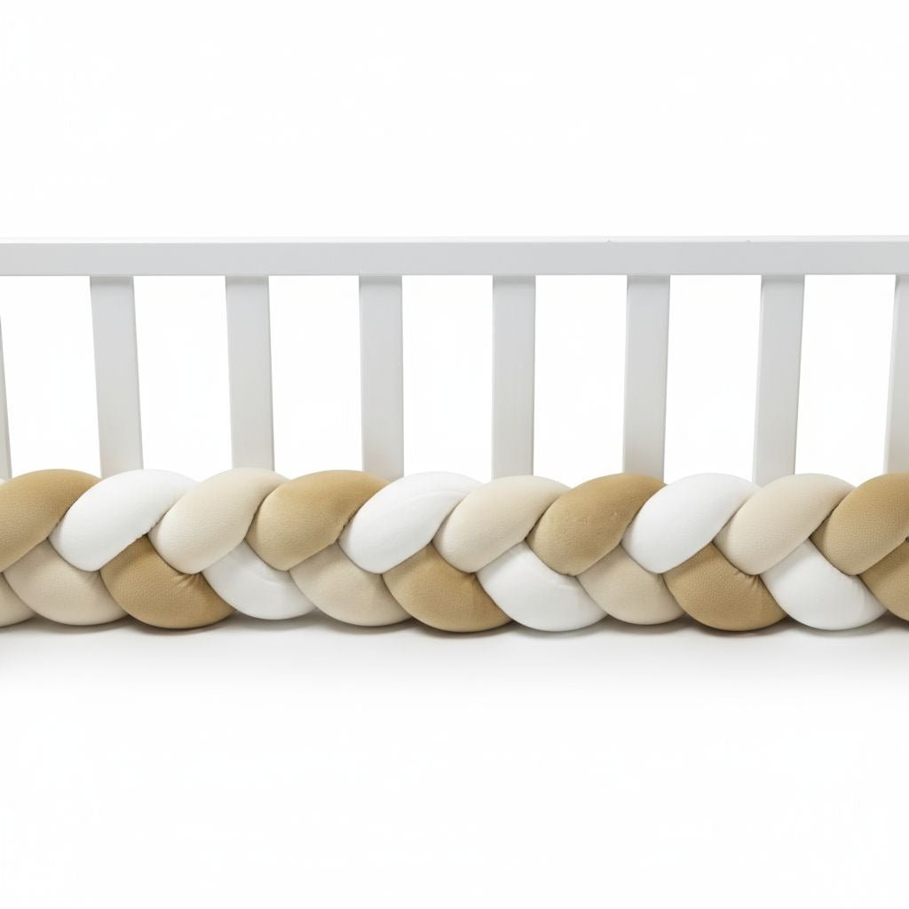 Contour de lit bébé tressé 3 couleurs offrant une protection douce et sécurisée.