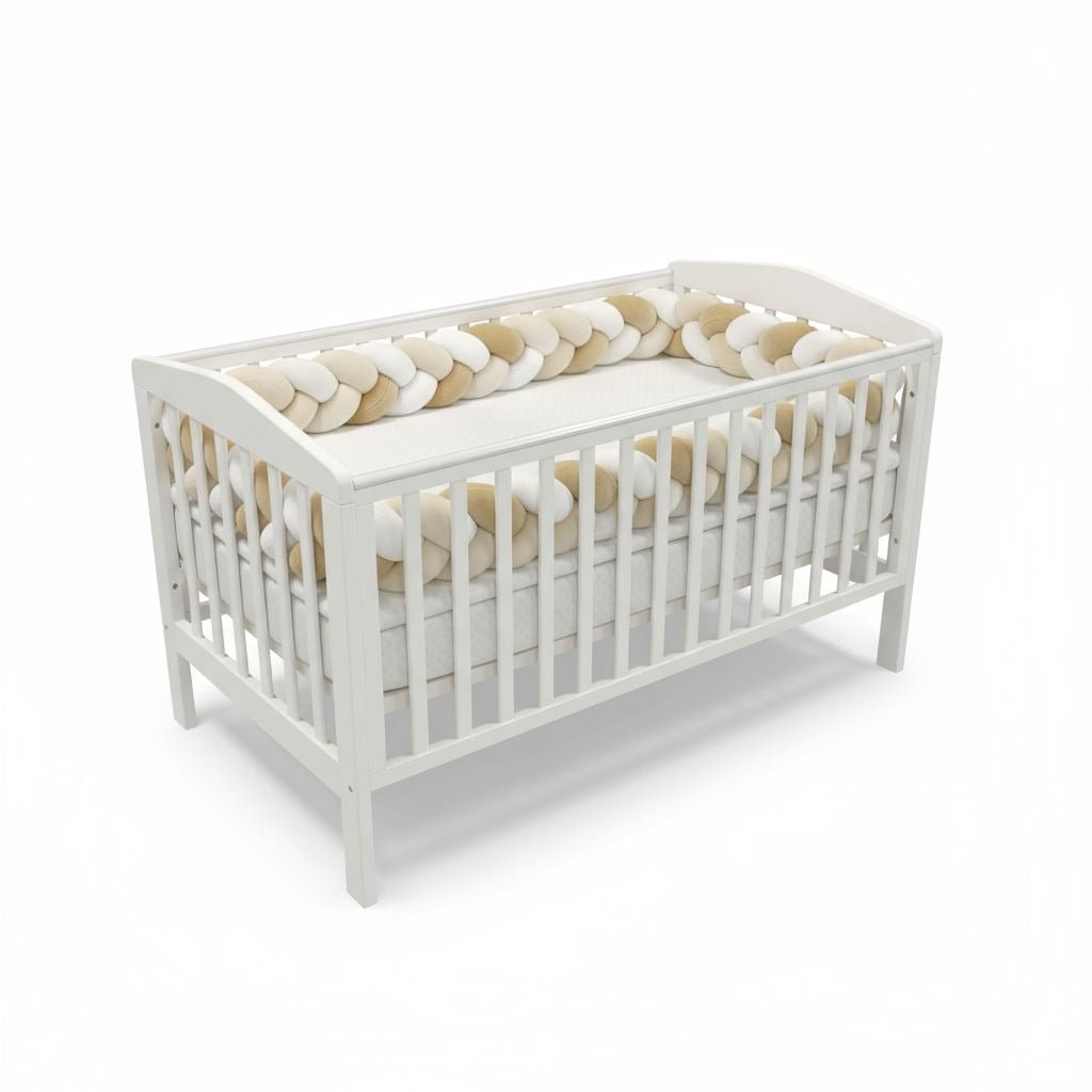 Contour de lit bébé tressé 3 couleurs (beige, blanc, sable) installé dans un berceau.