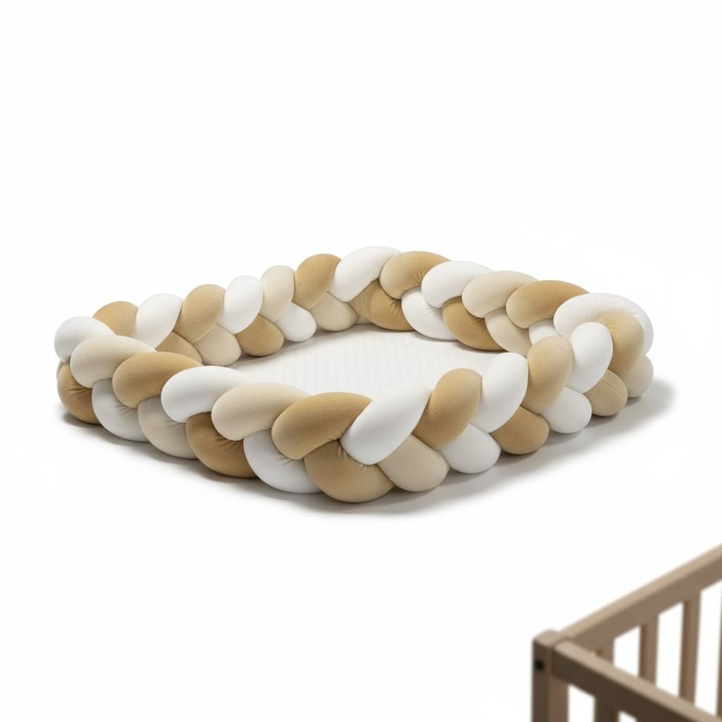 Coussin tressé en velours 3 couleurs servant de contour de lit bébé.