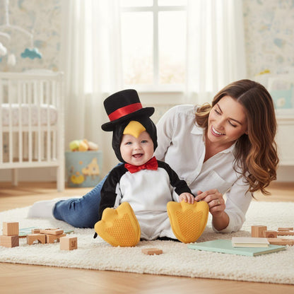="Bébé en costume bébé Halloween pingouin avec chapeau et nœud papillon rouge, joue avec sa maman – Spot Bébé"