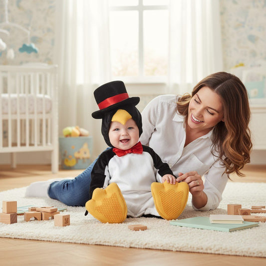 ="Bébé en costume bébé Halloween pingouin avec chapeau et nœud papillon rouge, joue avec sa maman – Spot Bébé"