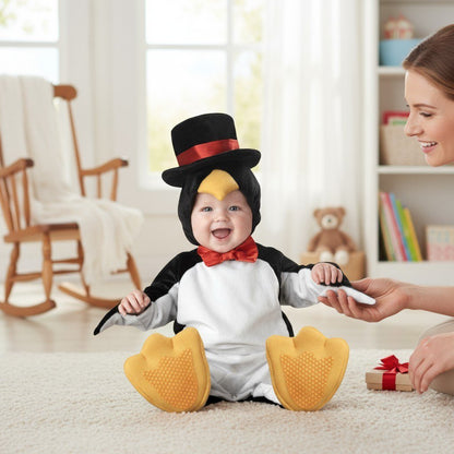 Costume pingouin pour bébé Halloween, assis sur un tapis dans une chambre lumineuse, chapeau haut de forme – Spot Bébé"