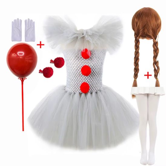 Ensemble costume clown enfant fille : robe, perruque, gants, ballon et pompons