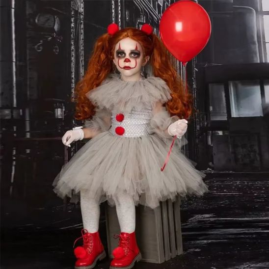 Fillette en costume clown enfant assise sur une caisse en bois, ballon rouge