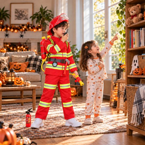 Garçon en costume de pompier qui parle dans son talkie-walkie pendant que sa sœur montre son doudou coincé en hauteur