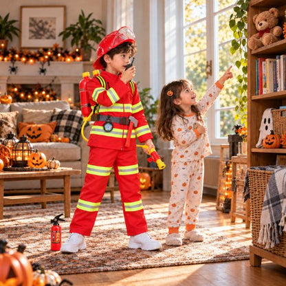 Garçon en costume de pompier qui parle dans son talkie-walkie pendant que sa sœur montre son doudou coincé en hauteur