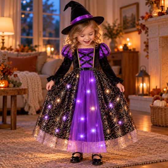 Tout‑petite en costume de sorcière lumineux qui rit en faisant tourner sa robe dans le salon