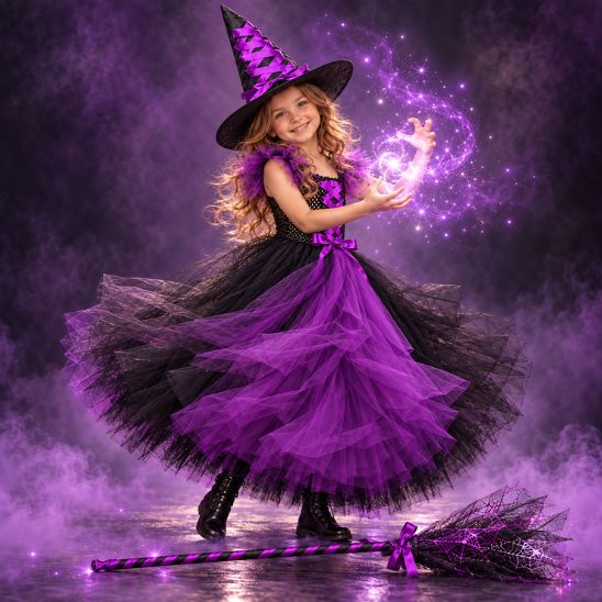 Fillette en costume de sorcière violet qui fait apparaître de la magie entre ses mains, balai posé à ses pieds