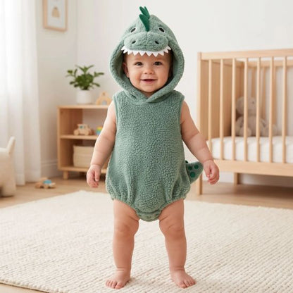 Bébé portant une barboteuse dinosaure verte à capuche