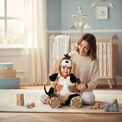 Bébé en costume chiot assis dans une chambre scandinave, capuche museau et grandes oreilles – Spot Bébé