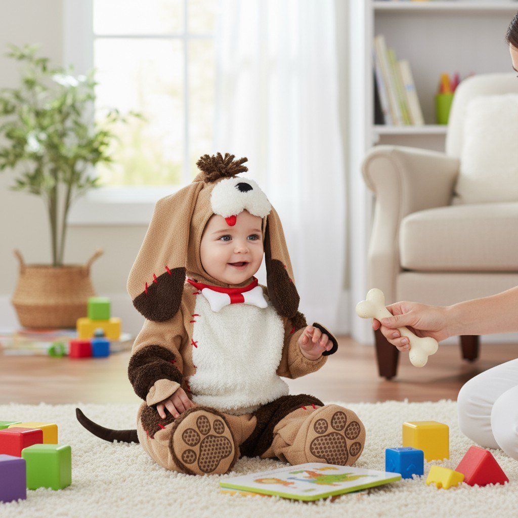 Bébé en costume halloween bébé 1 an chiot marron et blanc, joue avec un os jouet sur un tapis moelleux – Spot Bébé"