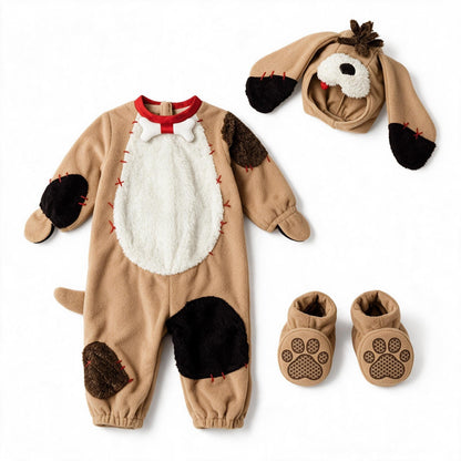Costume chiot bébé complet : combinaison beige à taches et ventre blanc, capuche à grandes oreilles et chaussons à semelles pattes
