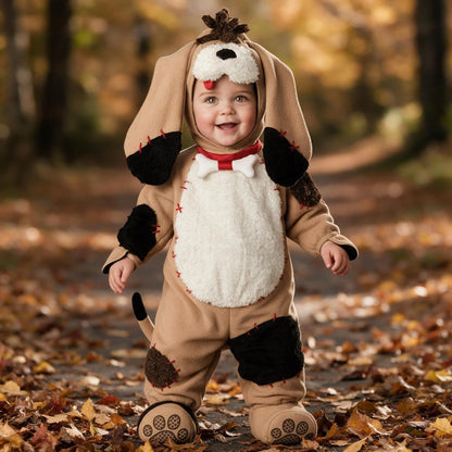 Bébé souriant debout en costume Halloween chiot beige à ventre blanc, avec grandes oreilles tombantes, sur un chemin de feuilles d'automne