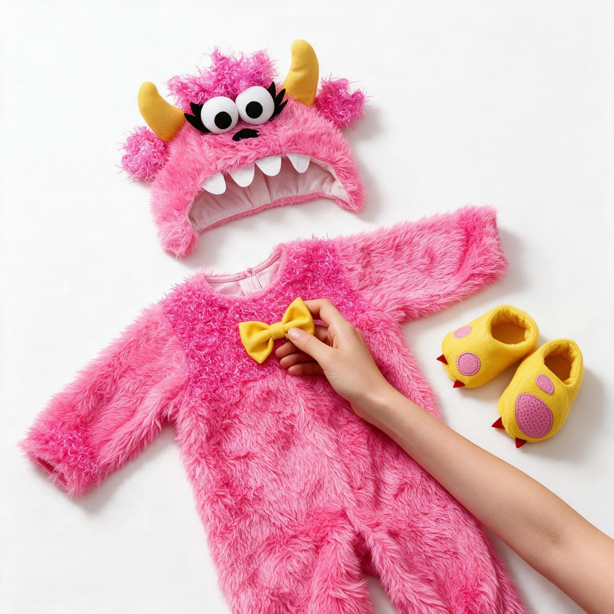 Déguisement monstre bébé rose en 3 pièces : combinaison en fourrure avec nœud papillon jaune, bonnet à cornes et chaussons pattes jaunes