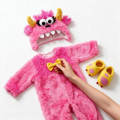 Déguisement monstre bébé rose en 3 pièces : combinaison en fourrure avec nœud papillon jaune, bonnet à cornes et chaussons pattes jaunes