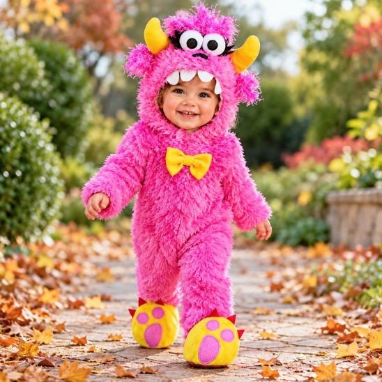 Bébé souriant en déguisement monstre rose avec bonnet à cornes et chaussons pattes jaunes, dans une allée d'automne