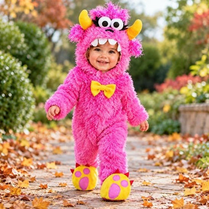 Bébé souriant en déguisement monstre rose avec bonnet à cornes et chaussons pattes jaunes, dans une allée d'automne