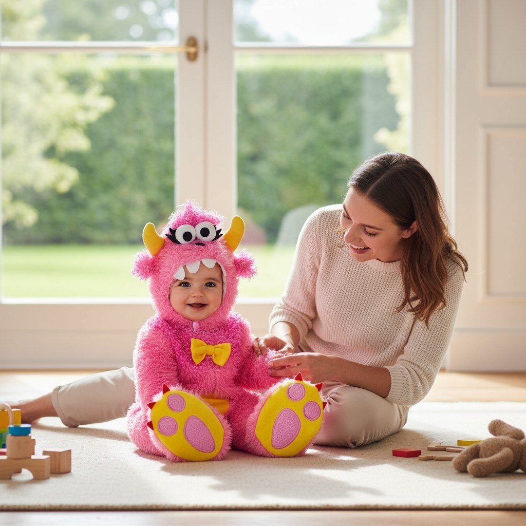 Bébé déguisée en monstre rose à cornes jaunes et pattes antidérapantes, près d’une grande fenêtre – Spot Bébé"