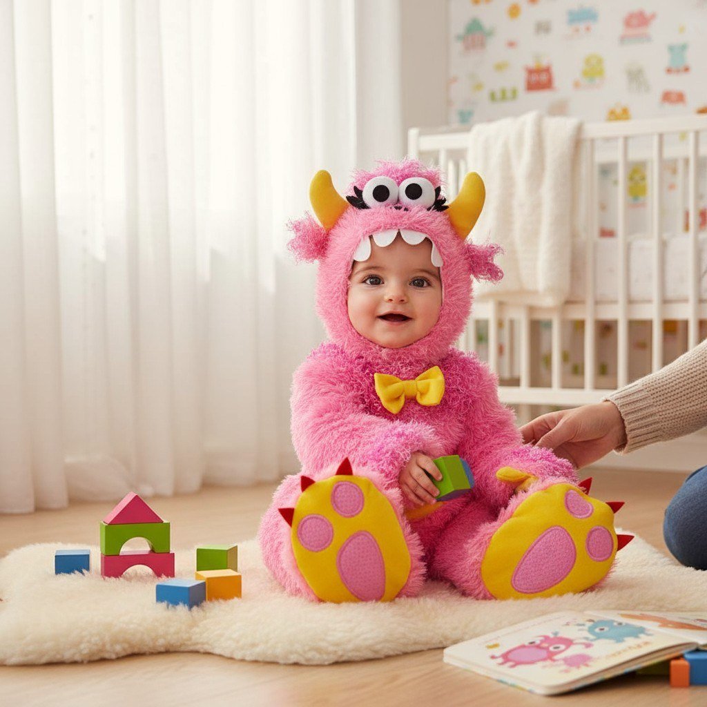 Costume monstre rose pour bébé fille, assise sur tapis avec blocs de construction, chambre lumineuse – Spot Bébé