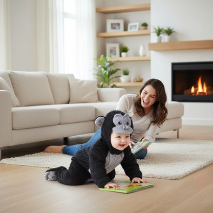 Bébé en costume halloween gorille noir et gris qui rampe avec un livre, salon cosy près de la cheminée – Spot Bébé"