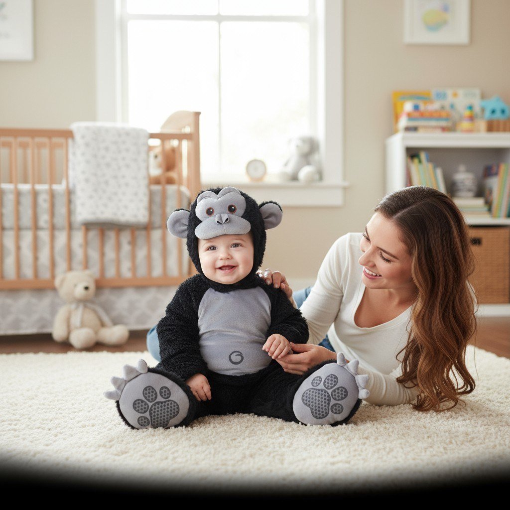 Maman souriante avec son bébé déguisé en gorille assis sur un tapis moelleux, grandes pattes à empreintes – Spot Bébé"