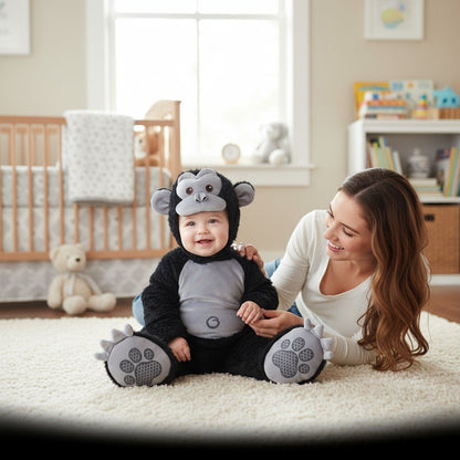 Maman souriante avec son bébé déguisé en gorille assis sur un tapis moelleux, grandes pattes à empreintes – Spot Bébé"
