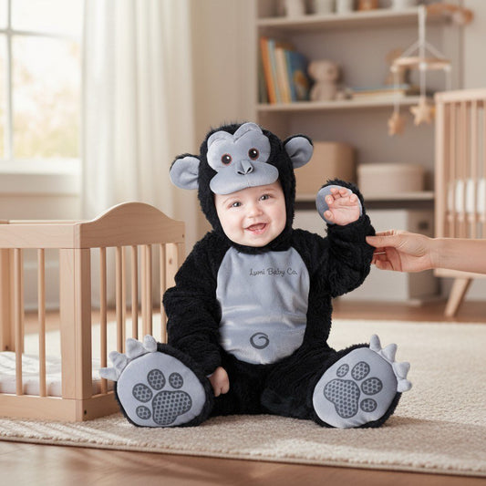 Bébé en costume halloween gorille noir et gris assis près du berceau, lève la main en souriant – Spot Bébé