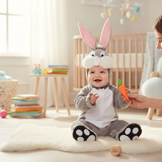 Bébé déguisé en lapin tenant une carotte en tissu, assis dans sa chambre décorée pastel – Spot Bébé"