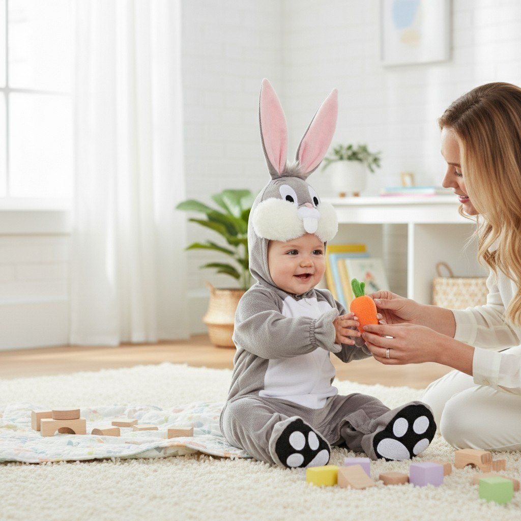 Maman offrant une carotte jouet à son bébé déguisé en lapin gris, moment de complicité dans une chambre lumineuse – Spot Bébé"